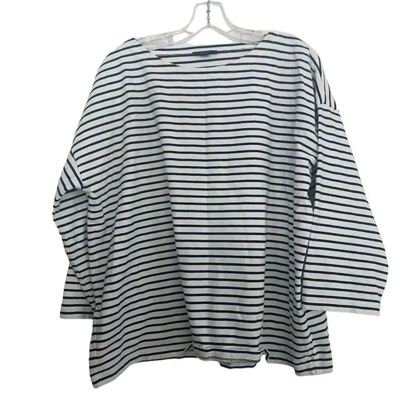 J.CREW White & Navy Striped Pattern Cropped T-Shirt Top Size Large - Picture 1 of 3